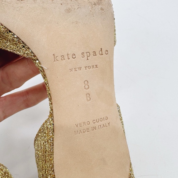 Kate Spade Gold Glitter Kitten Heels Size 8 D’Orsay Pointed Toe Bow Back Italy - Picture 10 of 12